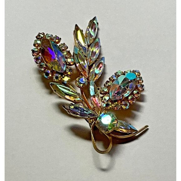 AB Aurora Borealis Brooch Pin Gold Tone Floral Spray Mid Century Modern - Picture 4 of 5
